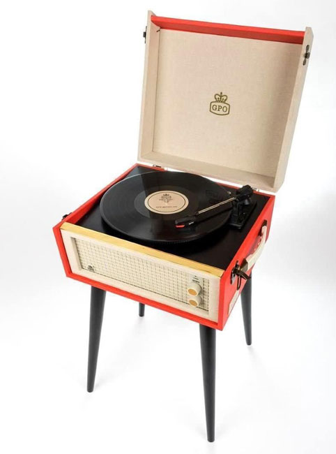 Dansette-style GPO Retro Bermuda record player with legs