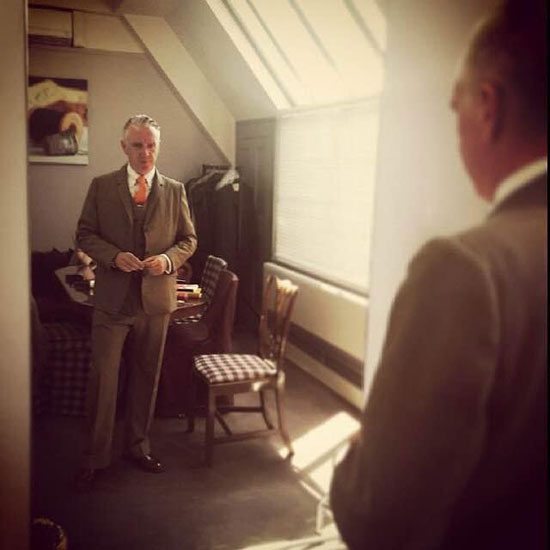 Mr Davis, one of the Savile Row customers trying the soft tailored 1930s cut full bespoke 3-piece in city tweed.