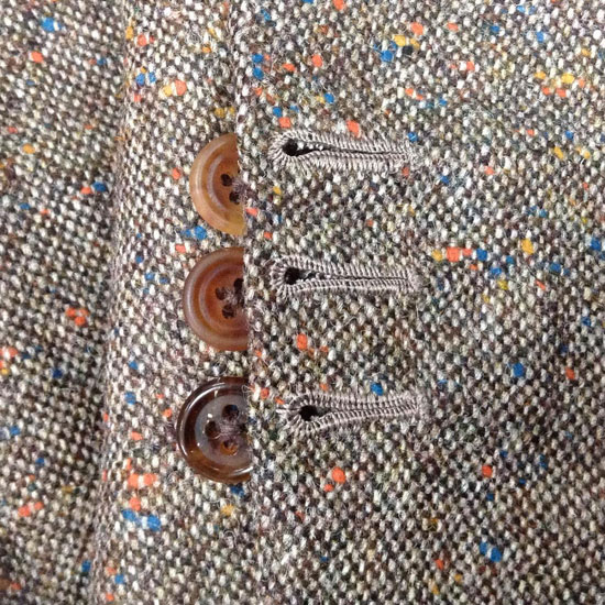 Handmade buttonholes at cuff with graduating shades of real horn.