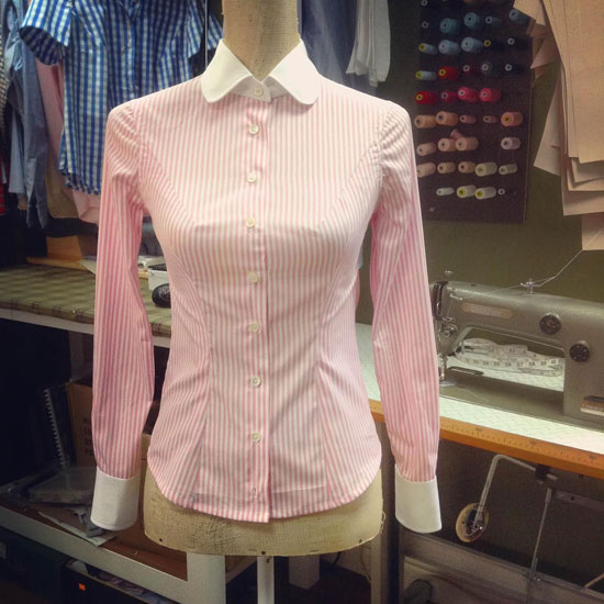 Bespoke ladies shirt, in candy pink/white poplin stripe.