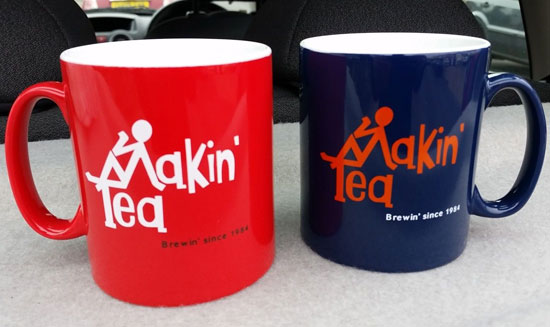 Limited edition Fay Hallam-designed Makin’ Time / Makin’ Tea mugs